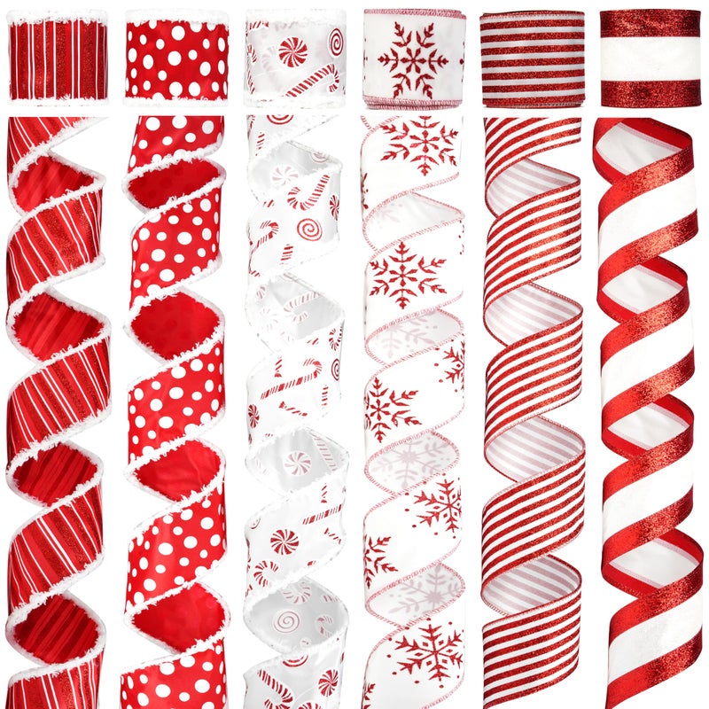 MAYREEL 2.5 Inch Red and White Christmas Ribbon Wired Candy Cane for Christmas Trees Wreaths Tree Toppers Crafts Home Decor Gift Wrapping 6 Rolls Total 36 Yards - Image 1